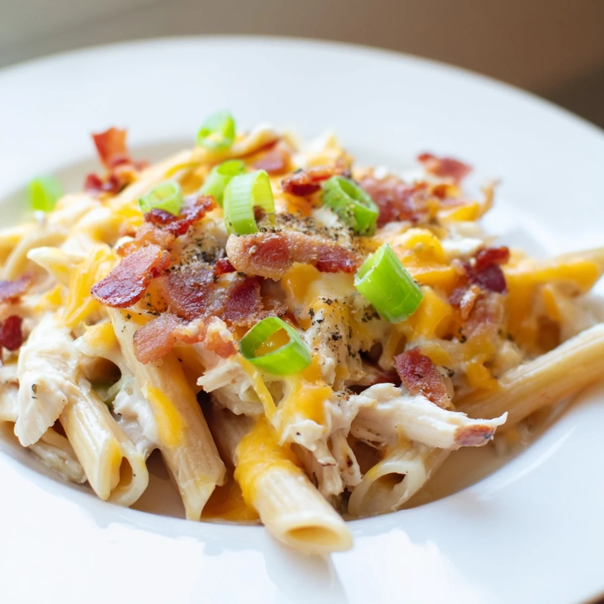 Creamy comfort chicken pasta topped with crispy bacon and melted cheddar cheese