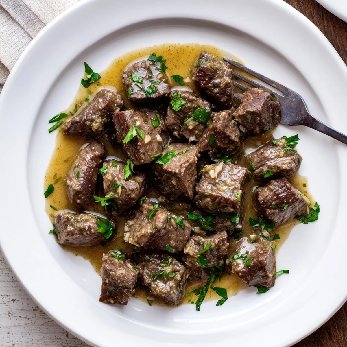 Golden brown Crockpot Steak Bites garnished with fresh parsley and glistening with melted butter