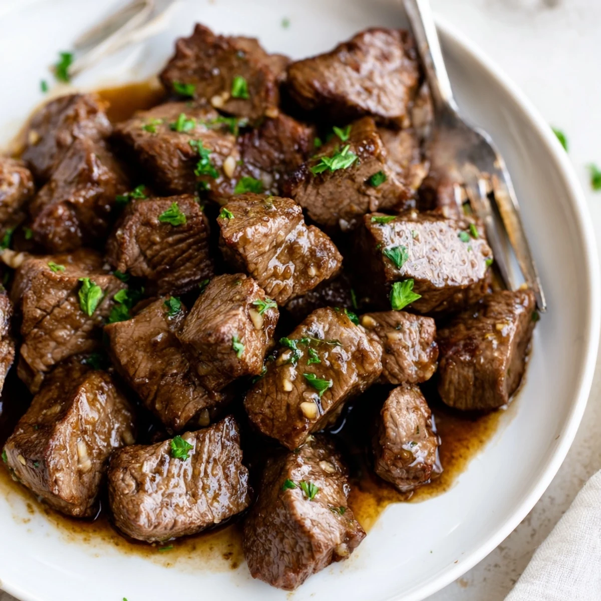 Tender slow cooker steak bites swimming in savory garlic herb sauce with beef broth