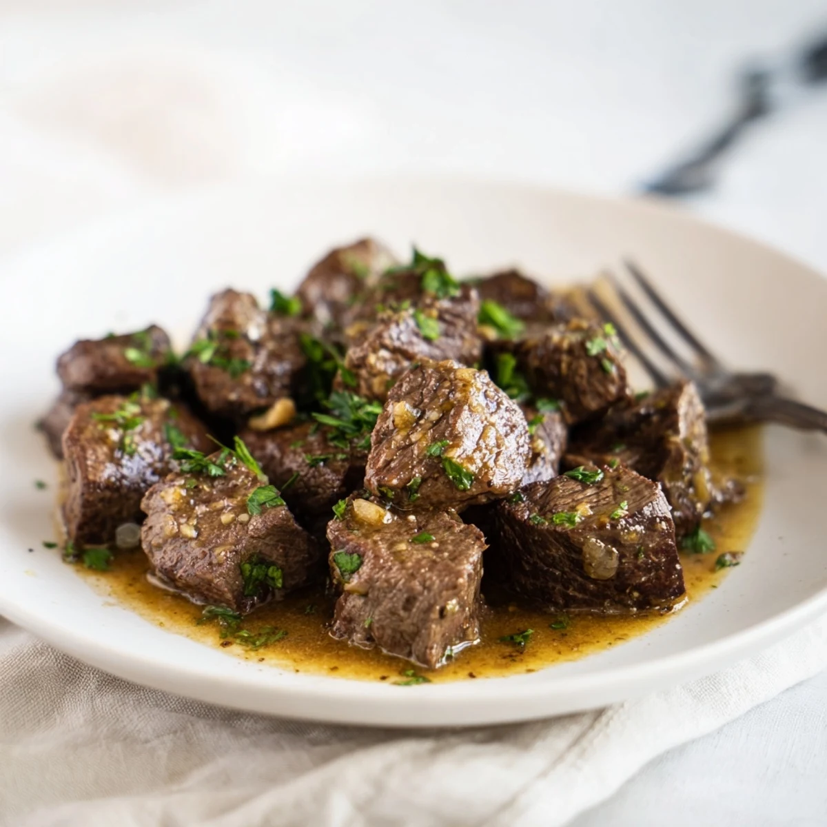 Easy Crockpot Steak Bites plated over mashed potatoes and topped with chopped onion