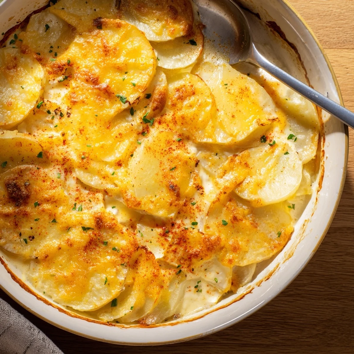 Golden Crockpot scalloped potatoes bubbling with melted cheddar and tender layered potato slices