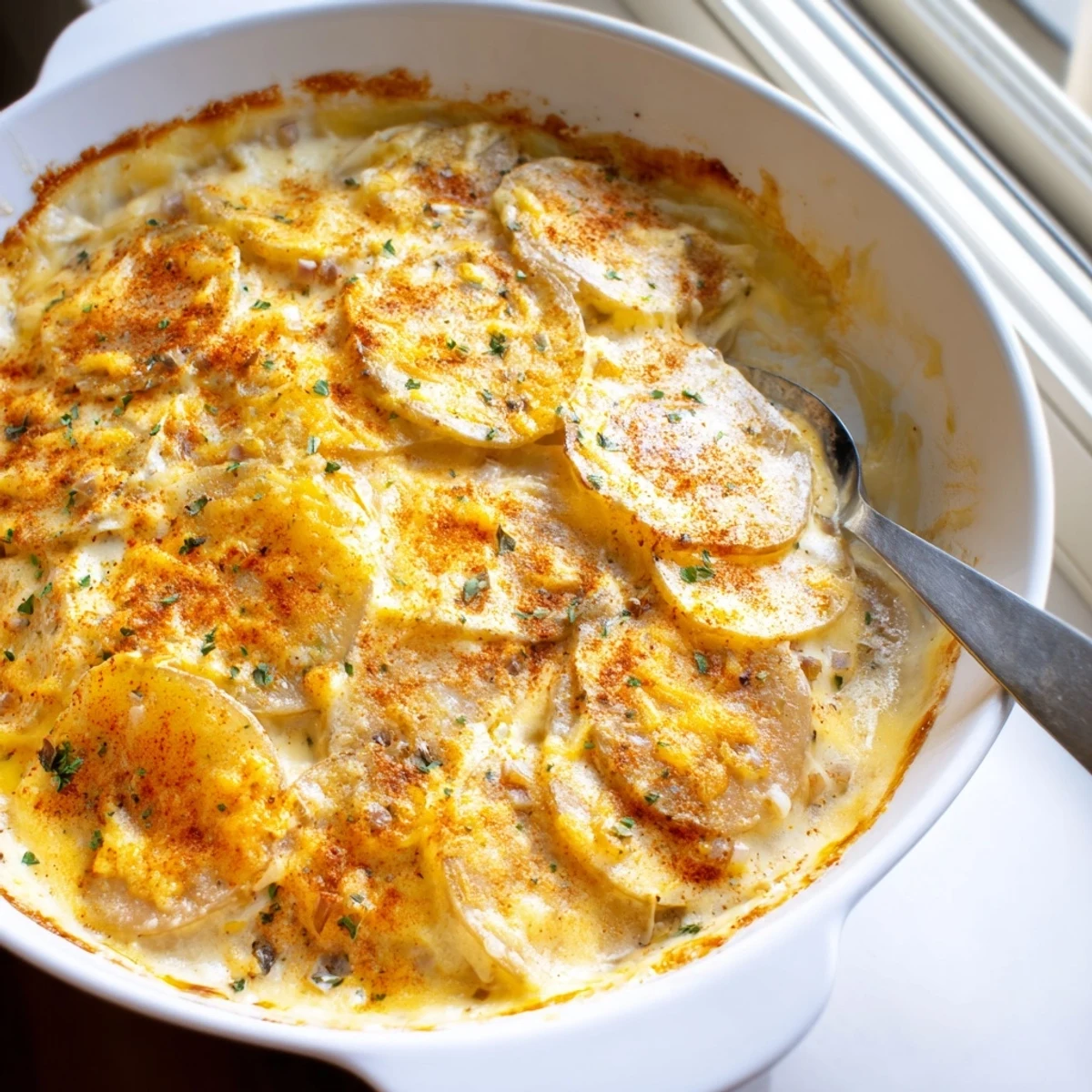 Creamy slow cooker scalloped potatoes with rich garlic cheese sauce and golden brown topping