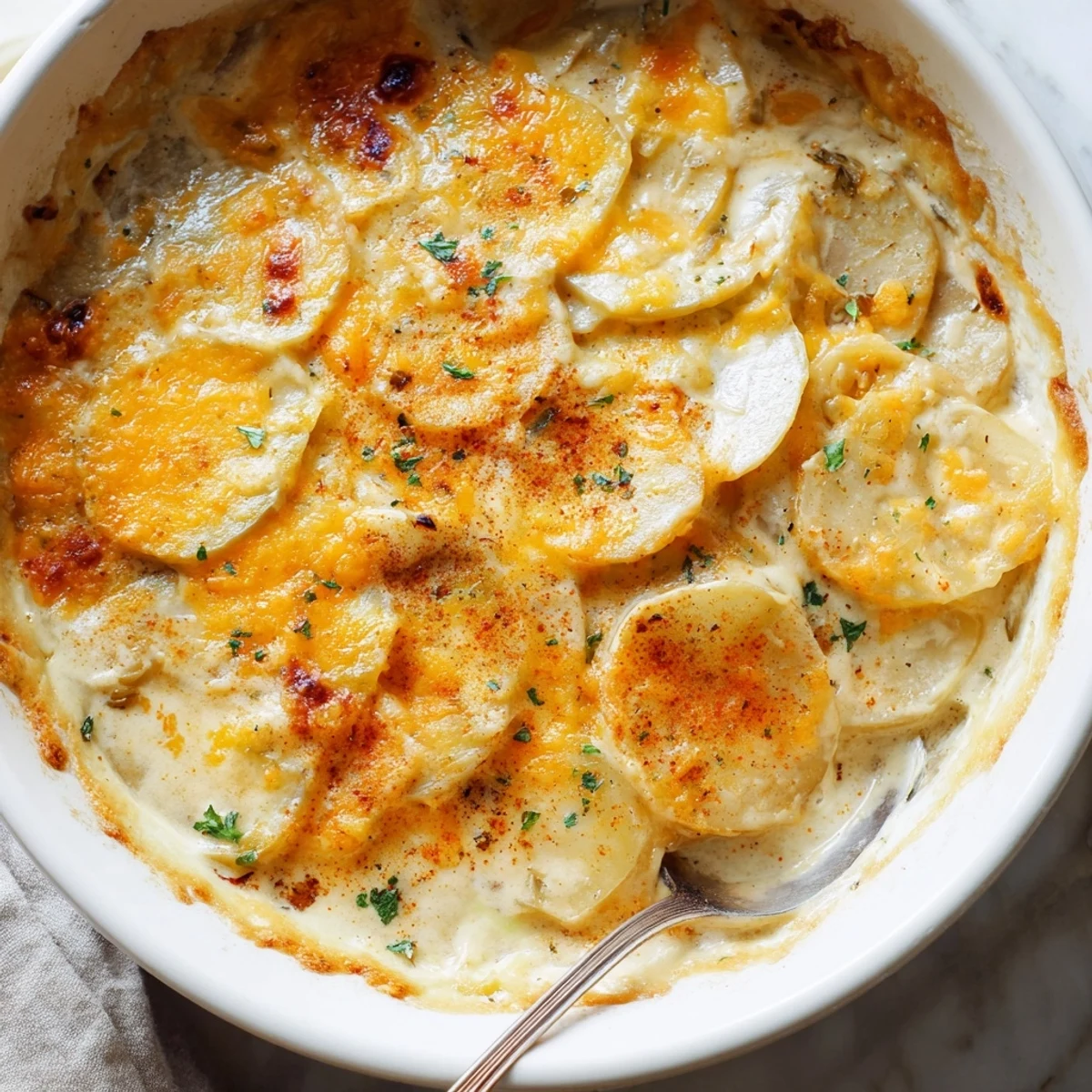Comforting Crockpot scalloped potatoes featuring velvety cheese sauce and perfectly tender sliced potatoes
