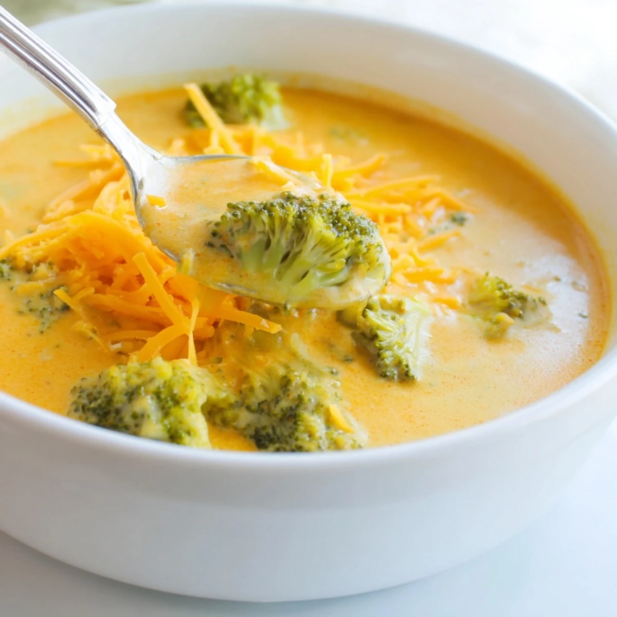 Creamy Instant Pot broccoli cheddar soup with melted sharp cheddar and tender green florets in a white bowl