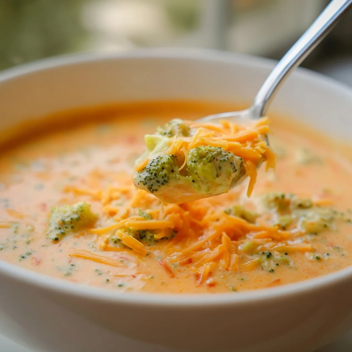 Steaming bowl of homemade Instant Pot broccoli cheddar soup featuring smooth texture and vibrant broccoli pieces