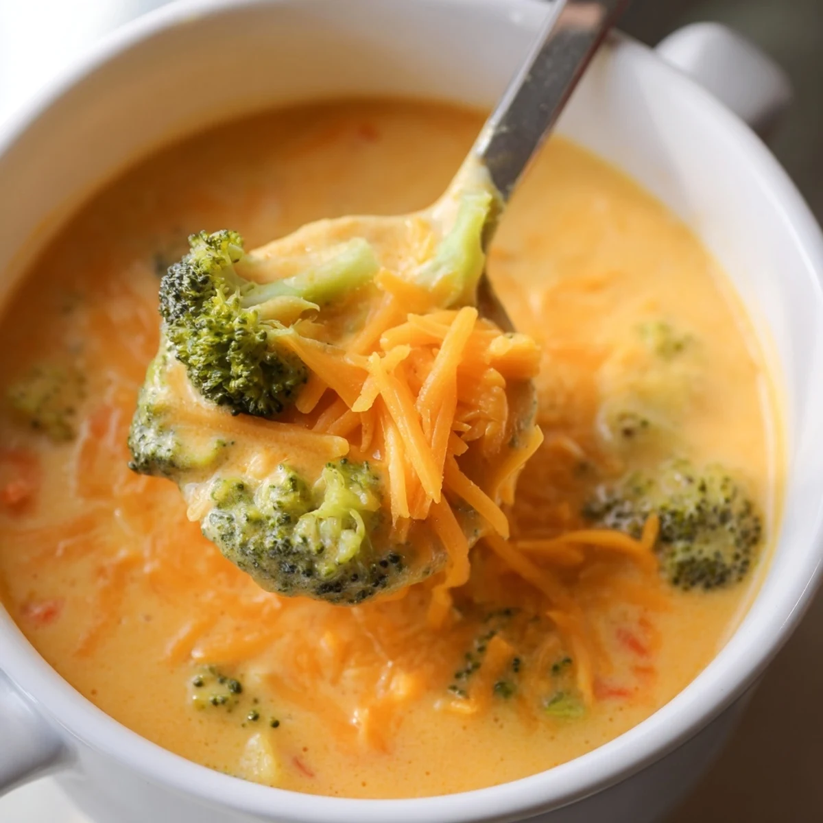 Rich and velvety Instant Pot broccoli cheddar soup garnished with extra shredded cheese and fresh parsley