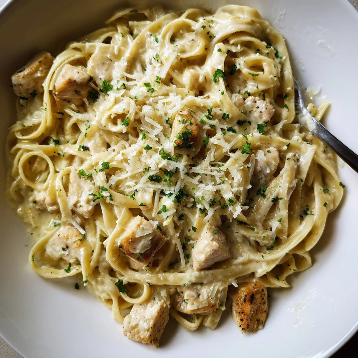 Creamy Instant Pot Chicken Alfredo features tender pasta chunks coated in rich parmesan garlic sauce with golden browned chicken pieces.