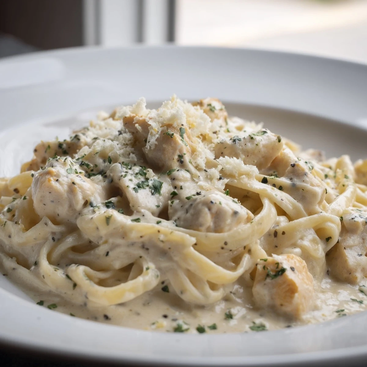 Bowl of homemade Instant Pot Chicken Alfredo topped with fresh parsley and extra grated parmesan cheese over a white background.