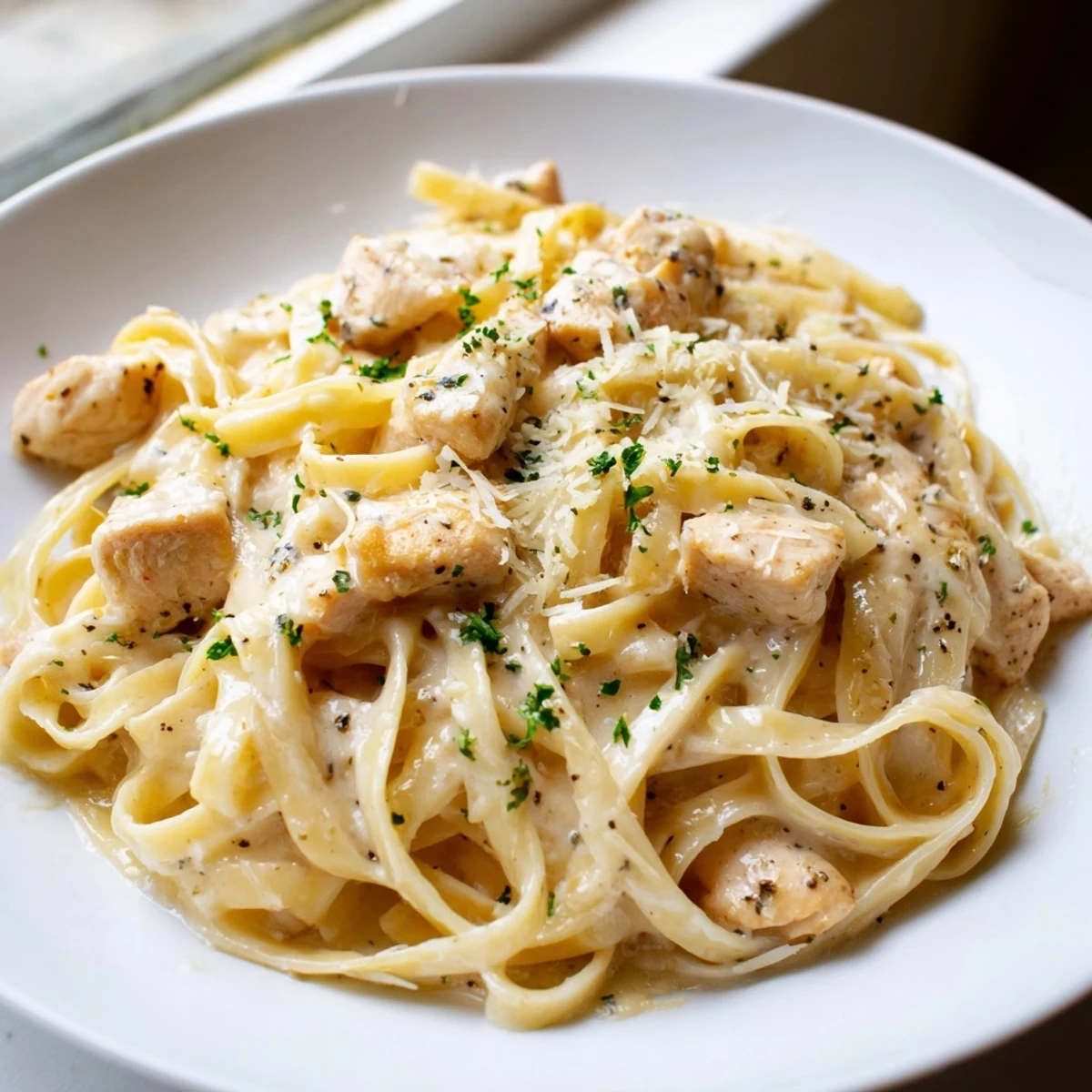 Steaming Instant Pot Chicken Alfredo showcases perfectly cooked fettuccine noodles tossed with savory cream sauce and bite-sized chicken breast pieces.
