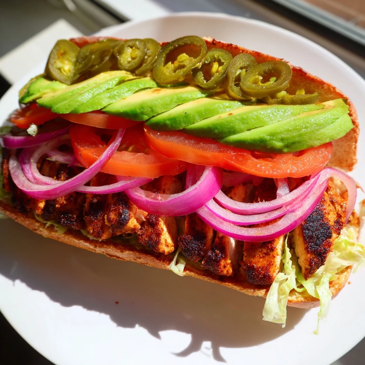 Homestyle chicken torta sandwich stacked with marinated grilled chicken, creamy avocado slices, and fresh vegetables on a toasted bolillo roll