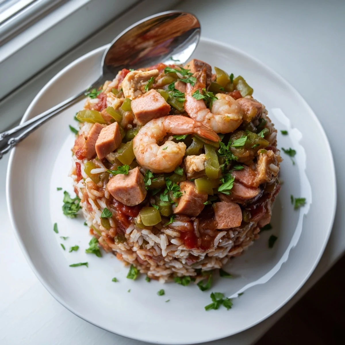 Hearty Crock Pot Jambalaya bowl packed with smoky sausage, juicy shrimp, fluffy rice, and colorful vegetables in Creole sauce.