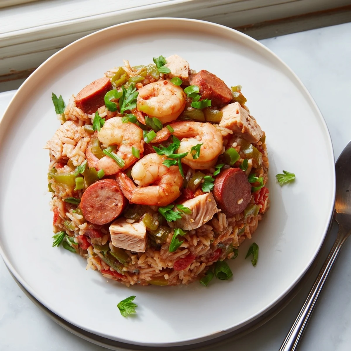 Slow cooker Crock Pot Jambalaya featuring tender chicken, andouille sausage, and pink shrimp in a rich, spiced tomato broth.