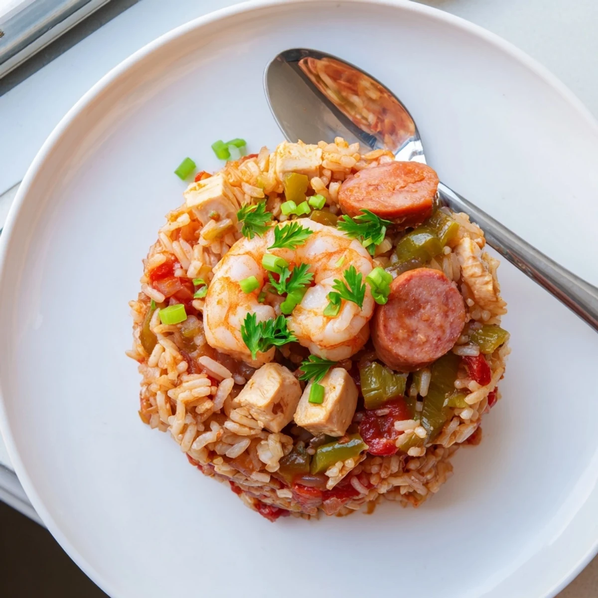 Steaming Crock Pot Jambalaya with plump shrimp, sliced andouille, chicken pieces, and rice seasoned with aromatic Cajun spices.