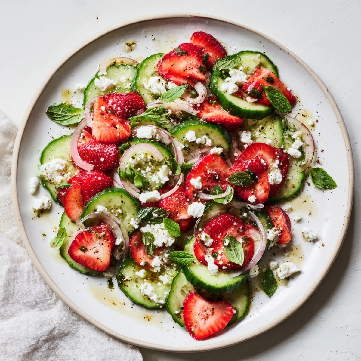 Fresh strawberry cucumber salad with sliced berries and crisp cucumbers in a serving bowl