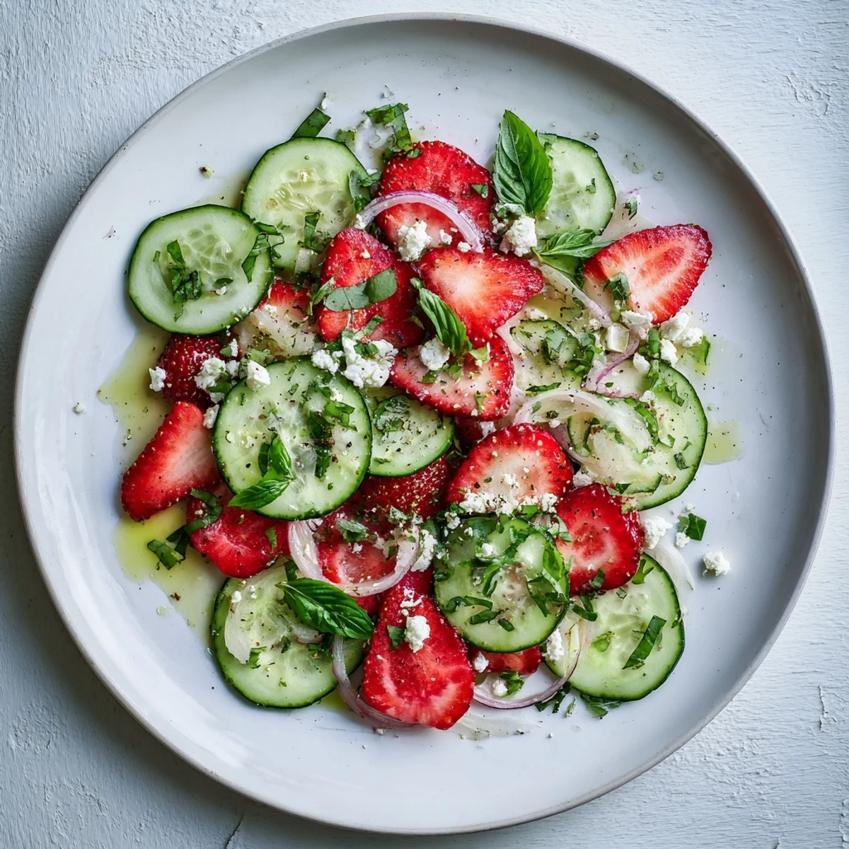 Vibrant summer strawberry cucumber salad tossed with mint, basil, and tangy balsamic dressing