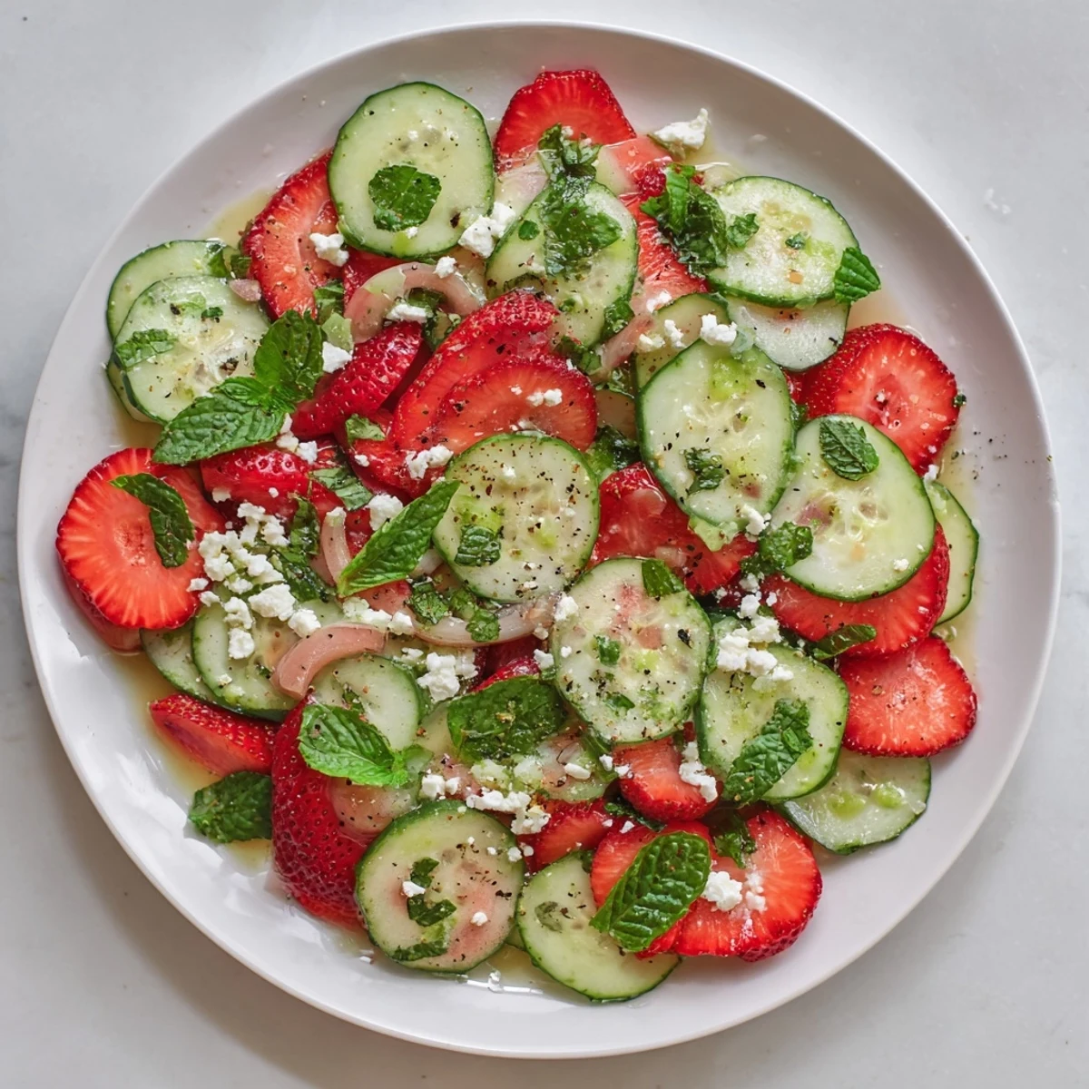 Colorful strawberry cucumber salad plated with fresh herbs and drizzled with honey lemon dressing