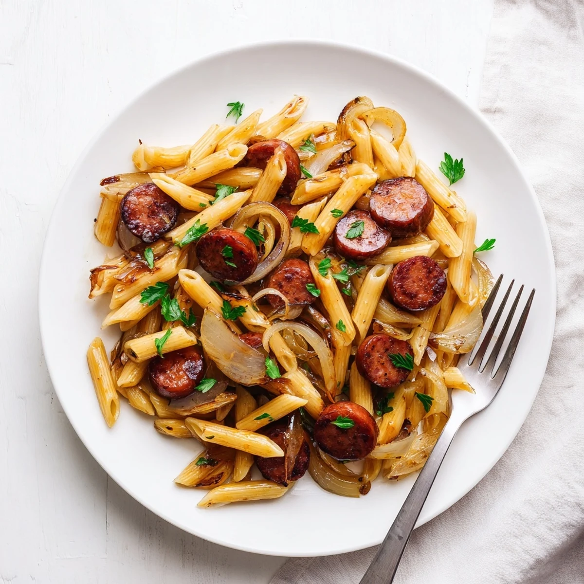 Golden honey garlic sausage pasta skillet with glistening sauce coating tender penne noodles