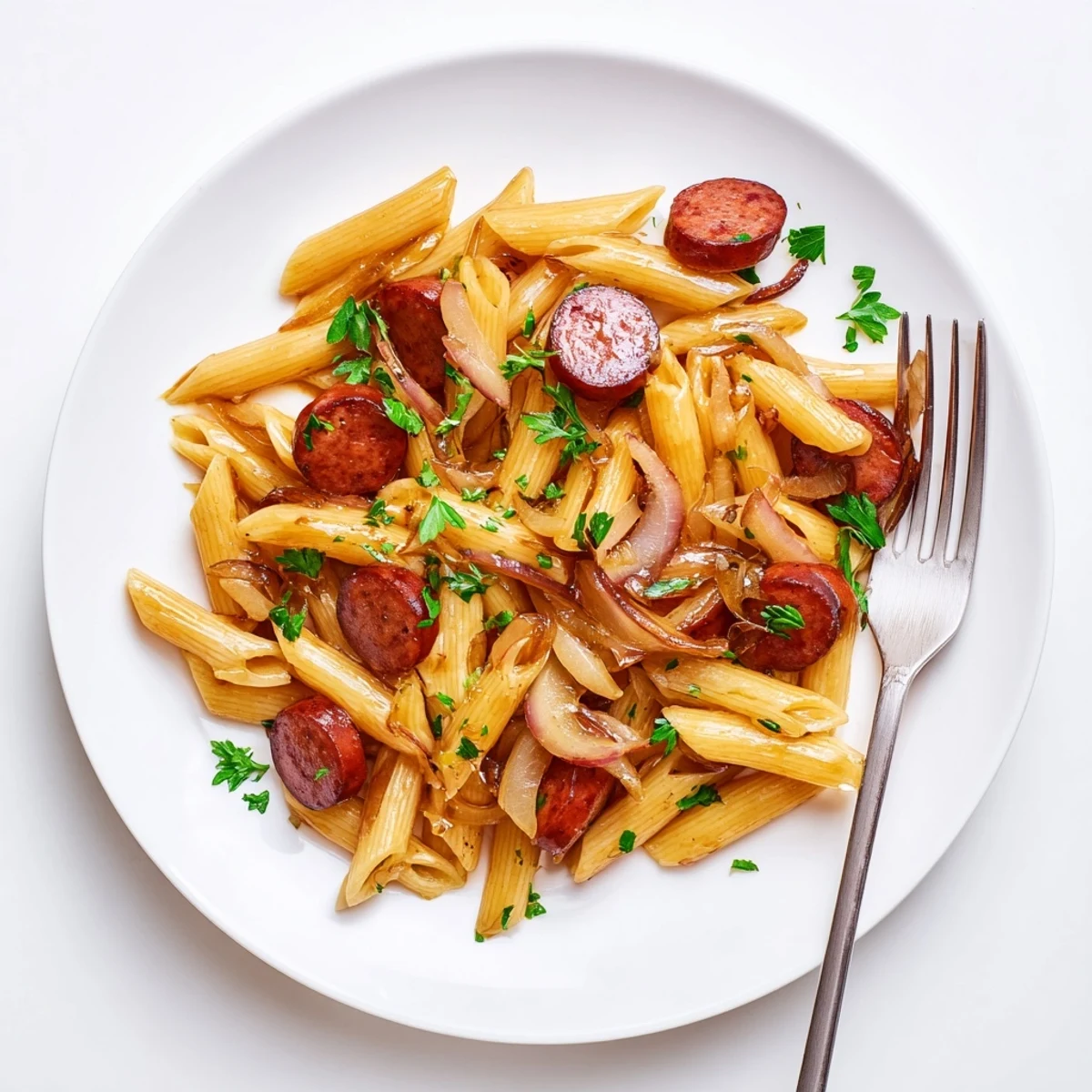Hearty skillet meal featuring caramelized sausage and pasta in rich sweet garlic sauce