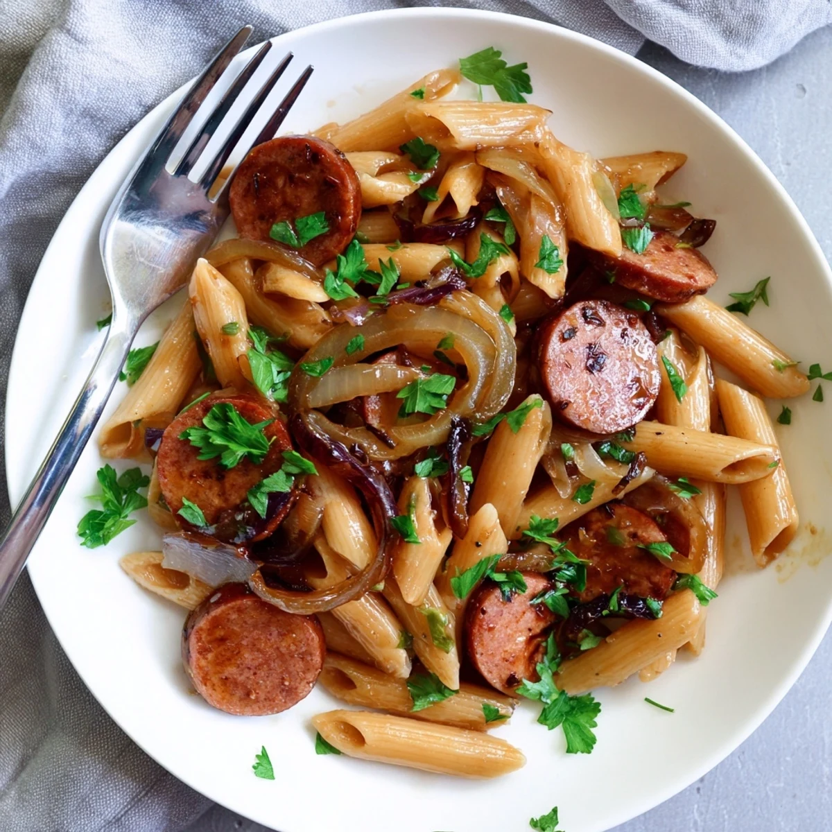 Savory smoked sausage slices tossed in sticky honey garlic glaze over al dente pasta