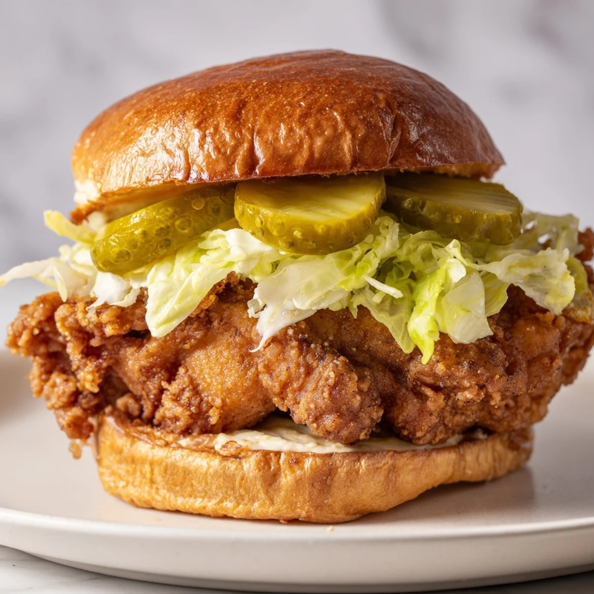 Crispy fried chicken sandwich marinated in tangy pickle brine served with fresh toppings on soft bun