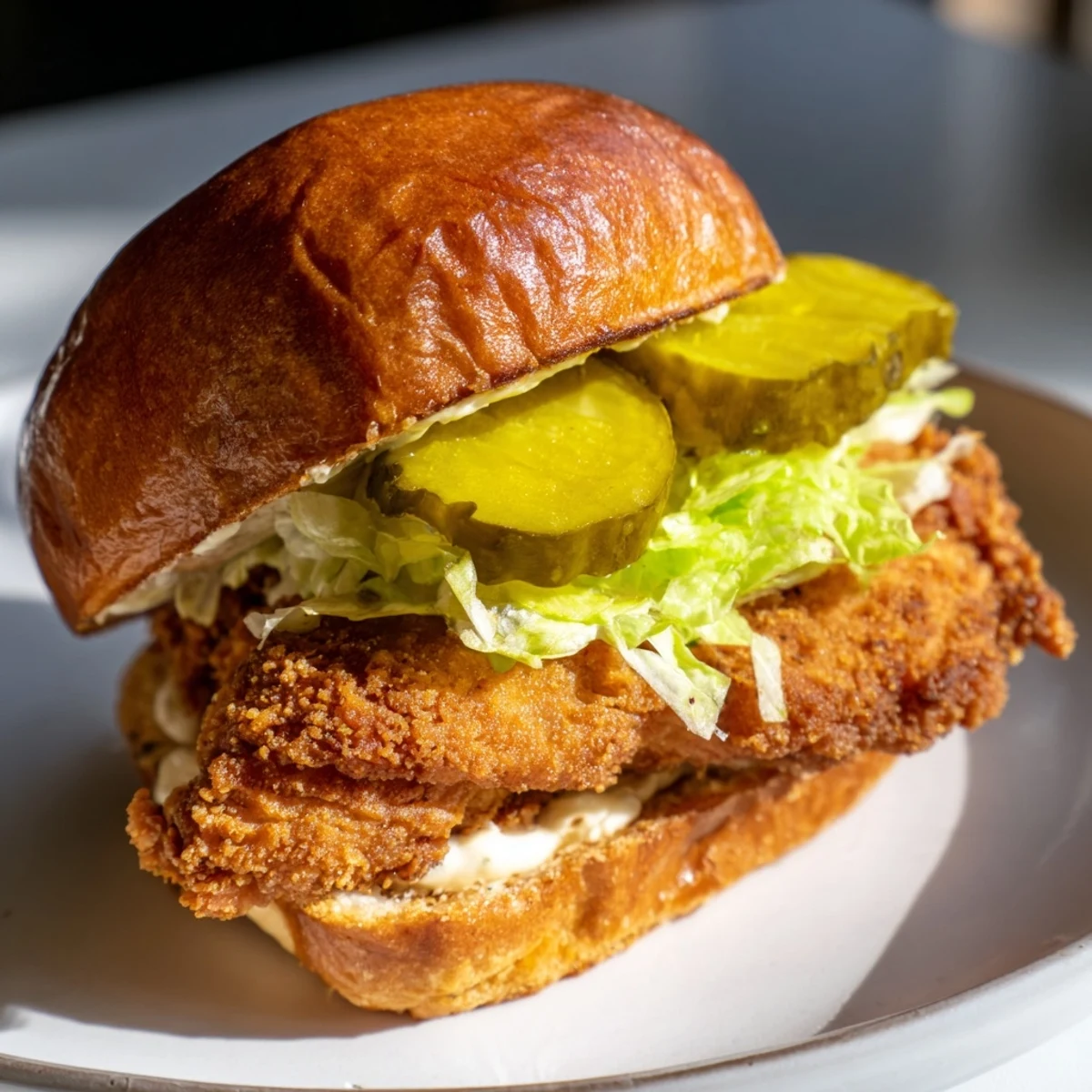 Golden pickle brined fried chicken sandwich with crisp lettuce and dill pickles on toasted brioche bun