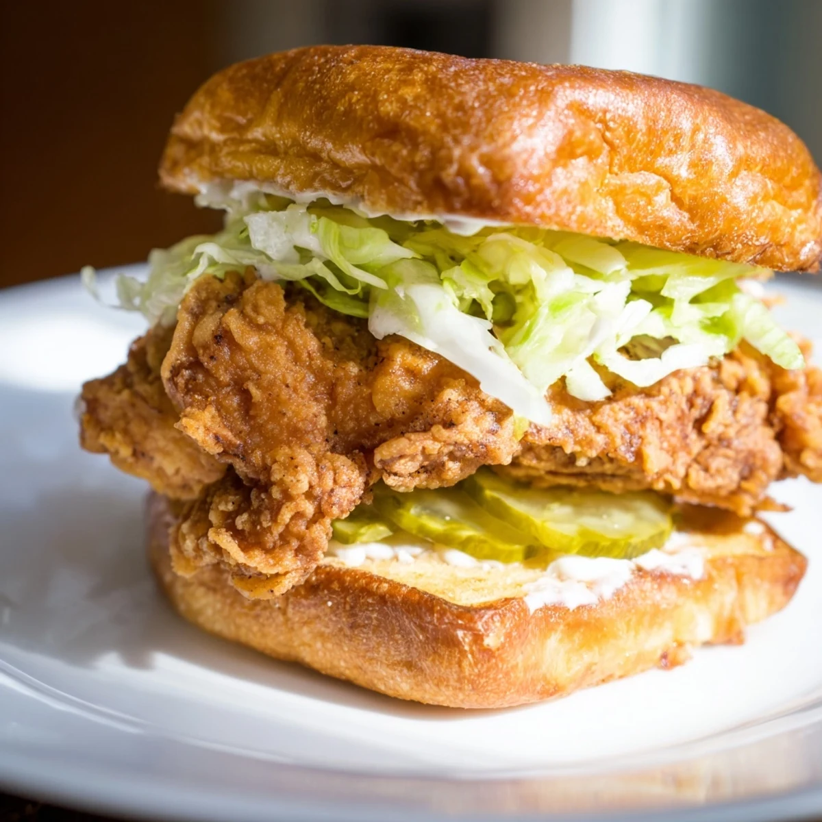 Homemade pickle brined fried chicken sandwich featuring juicy meat with crunchy coating and pickles on bread
