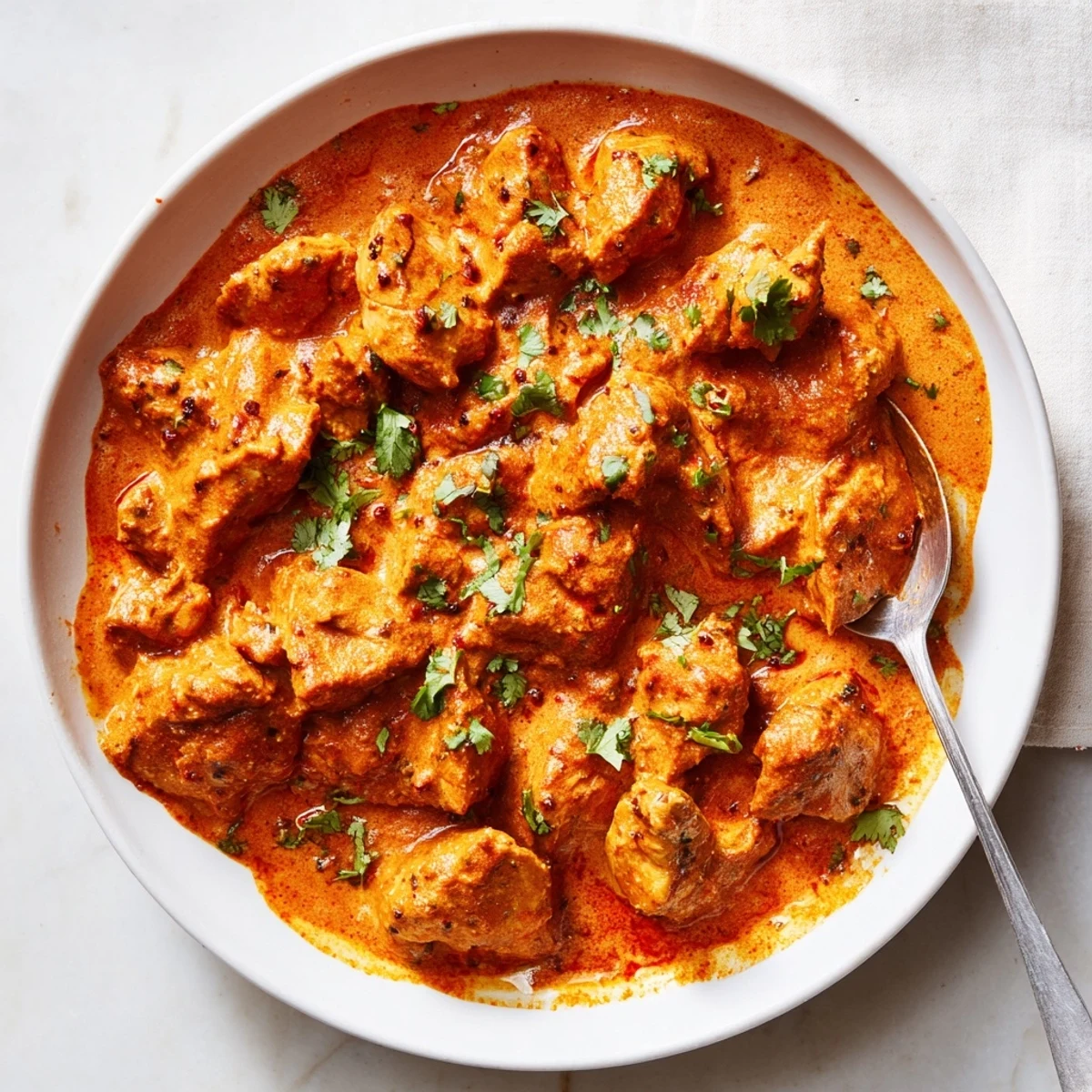 Golden butter chicken served over fluffy white rice with naan bread for a comforting Indian dinner