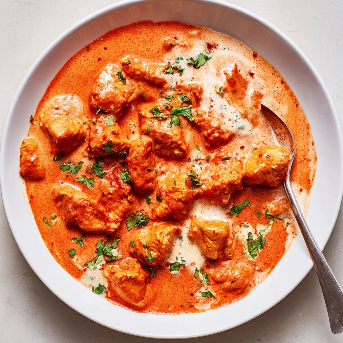 Rich and aromatic Instant Pot butter chicken featuring tender chicken thighs in a velvety red tomato-based gravy