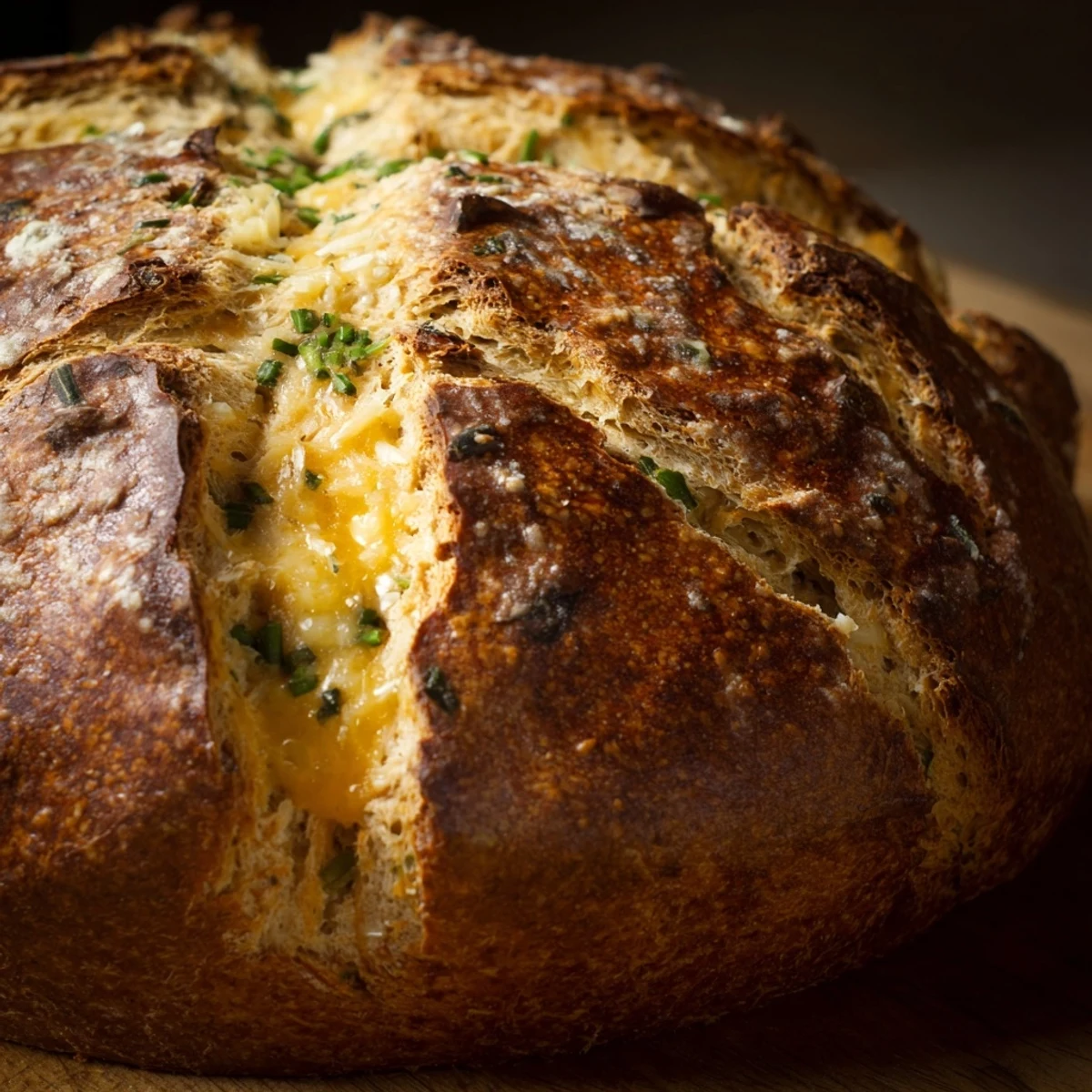 Golden brown cheddar and herb soda bread loaf with visible melted cheese bits and fresh green herbs scattered throughout the rustic crumb
