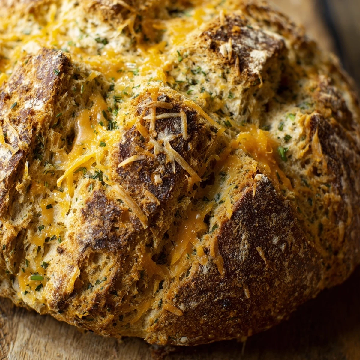 Freshly baked wheel of cheddar and herb soda bread featuring a deeply scored cross top and golden crust perfect for serving warm with butter
