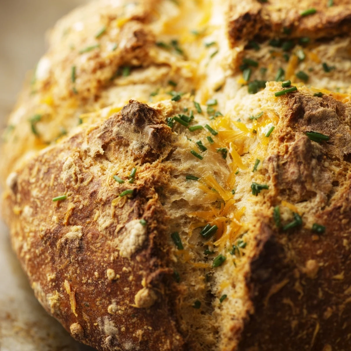 Savory cheddar and herb soda bread sliced open revealing tender interior flecked with sharp cheddar and parsley alongside melted butter for spreading
