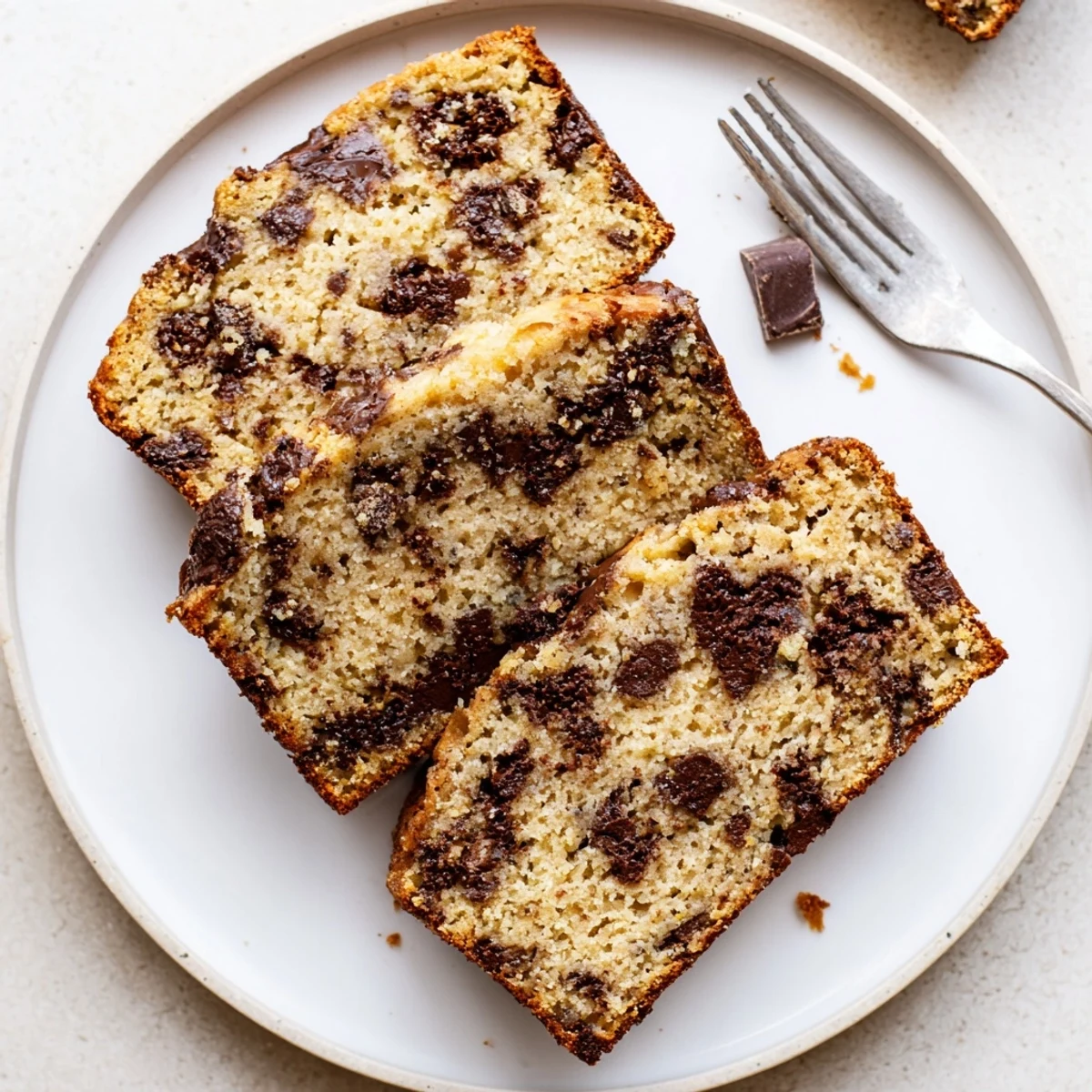 Golden chocolate chip banana bread loaf with melted chips on a rustic wooden board