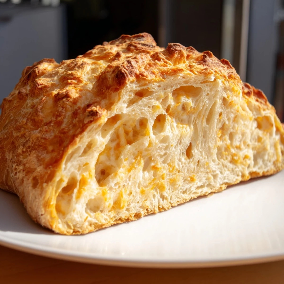 Rustic homemade no knead cheddar bread fresh from oven with deep golden crust