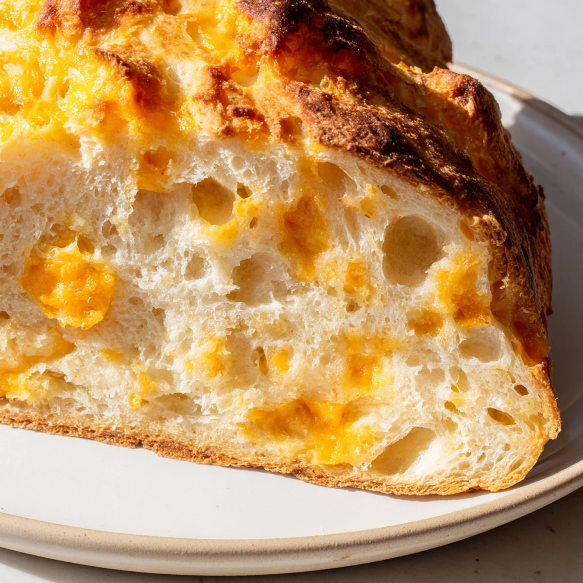 Sliced no knead cheddar bread showing melty cheese pockets and fluffy interior texture