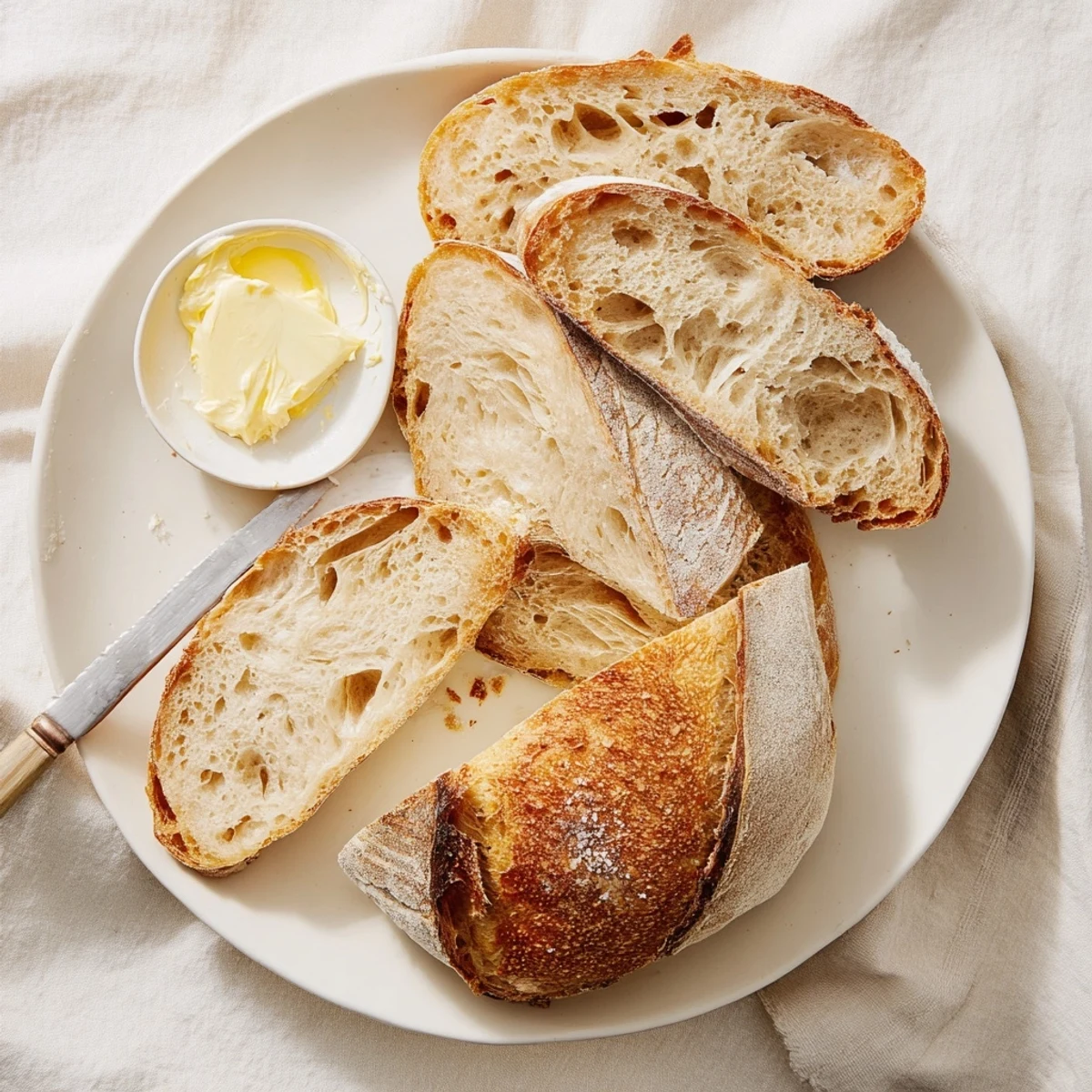 Golden sourdough bread loaf with crisp crust and airy chewy crumb texture