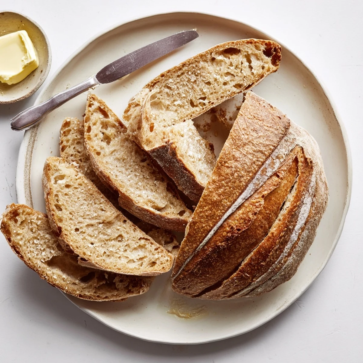 Homemade sourdough bread sliced open showing soft interior and crackling crust