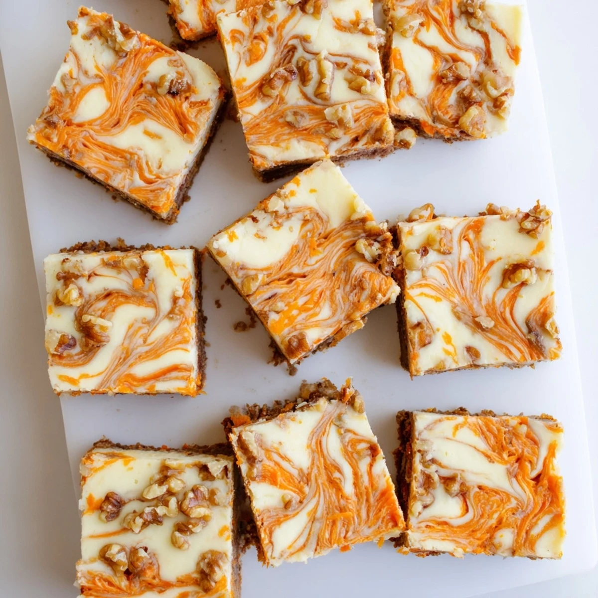 Golden carrot cake cream cheese bars with marbled swirls and grated carrot specks