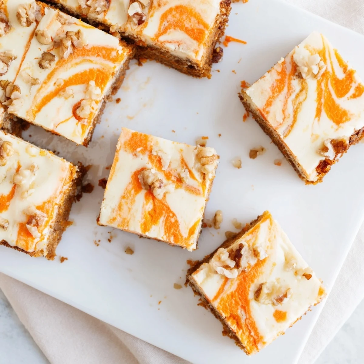Moist spiced carrot cake layered with creamy cheesecake filling cut into squares