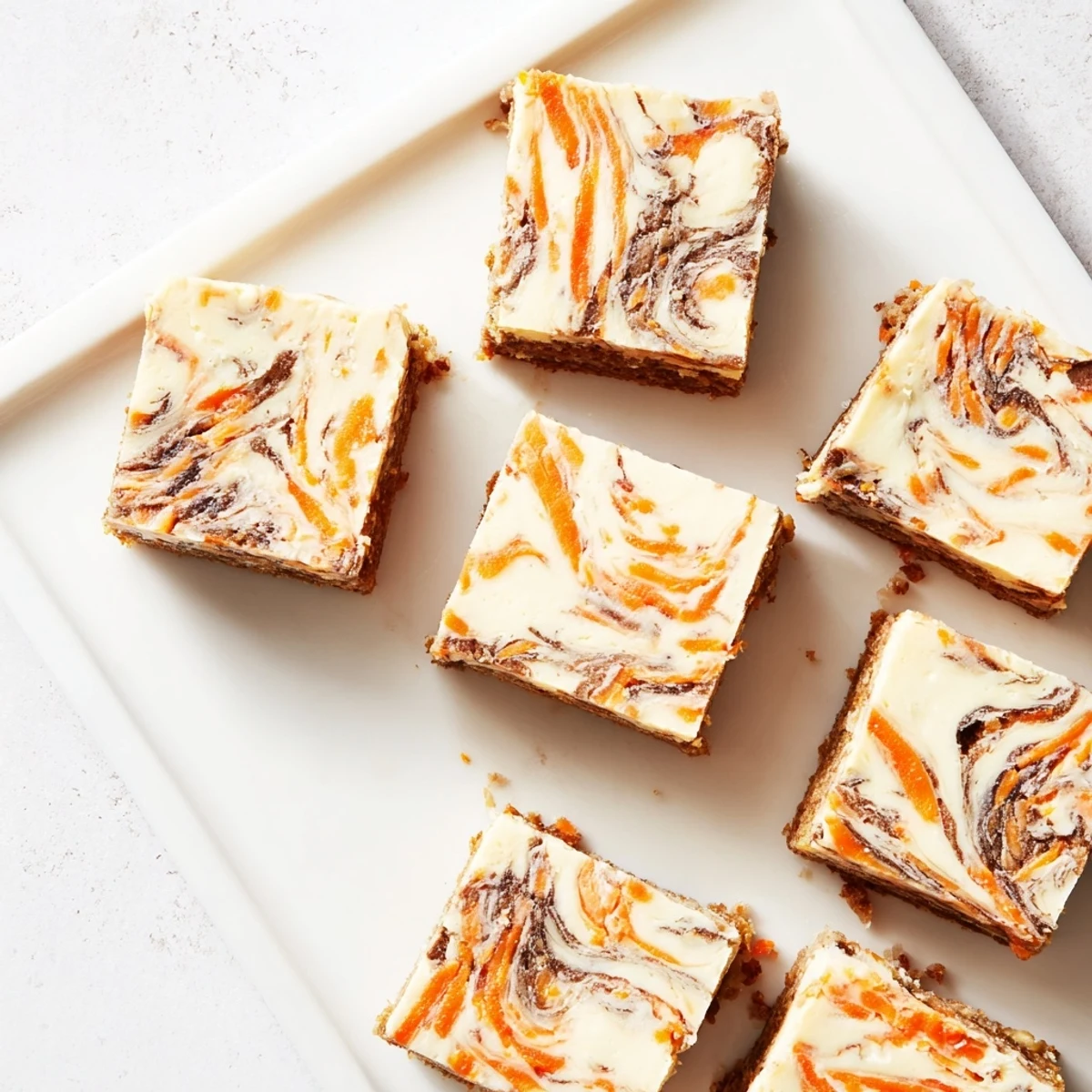 Swirled carrot cake cream cheese bars topped with chopped walnuts on a white plate