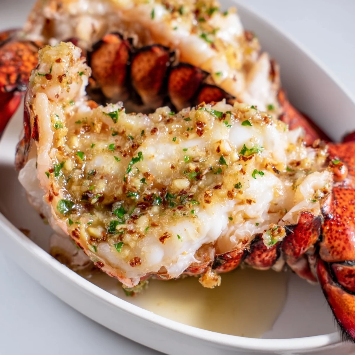 Golden baked lobster tails brushed with rich garlic butter sauce and fresh parsley garnish