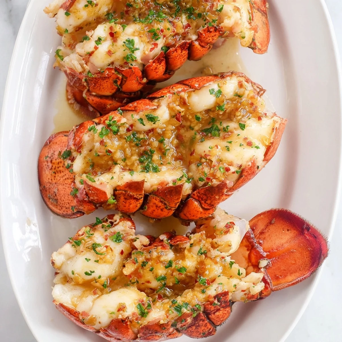 Tender lobster meat sizzling in melted garlic butter with lemon wedges on a white plate