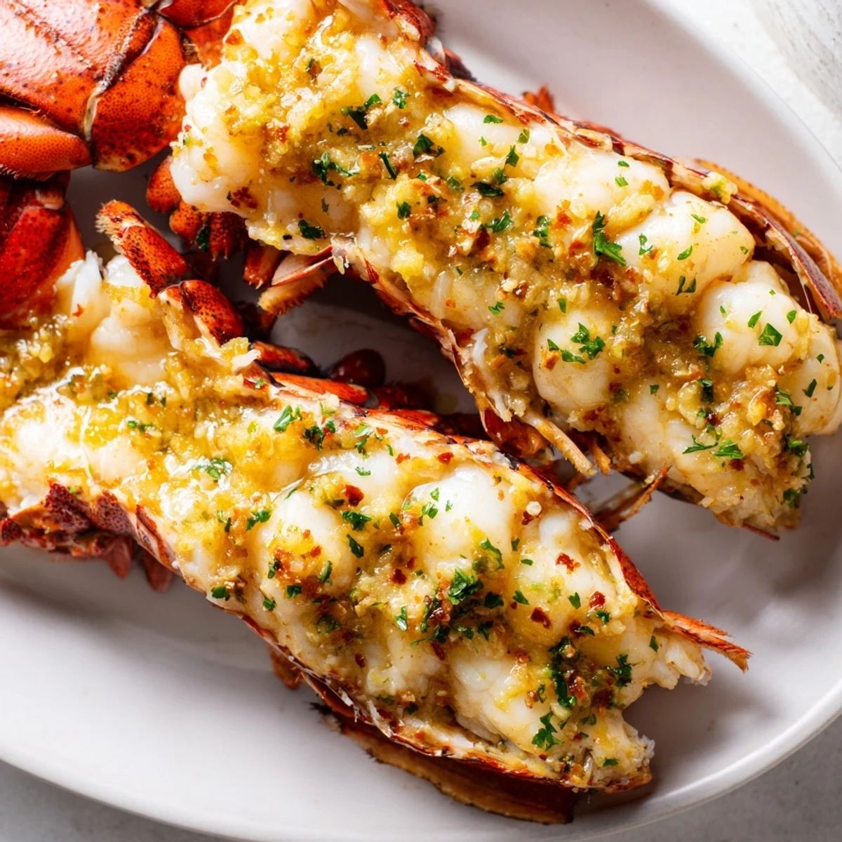 Whole lobster tails roasted until golden and topped with savory garlic butter and citrus zest