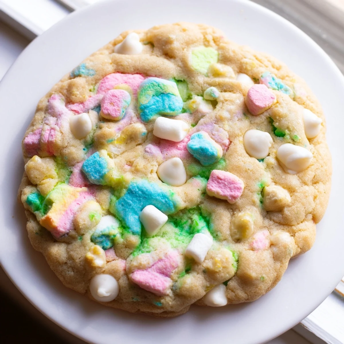 Golden brown Lucky Charms cookies studded with colorful marshmallow shapes on a white plate