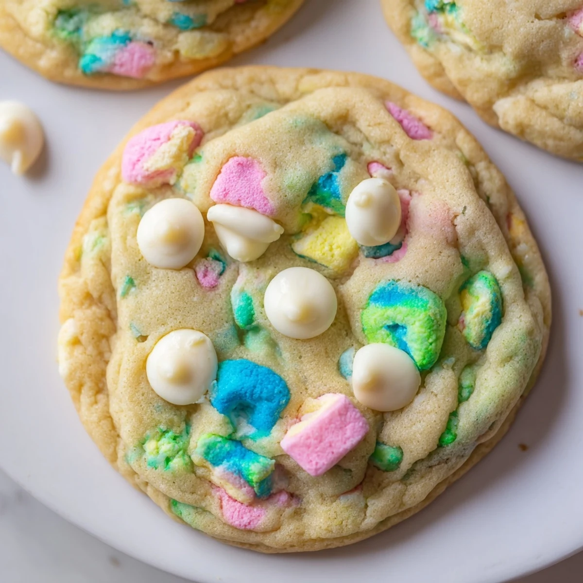 Soft chewy Lucky Charms cookies topped with bright rainbow marshmallows fresh from the oven