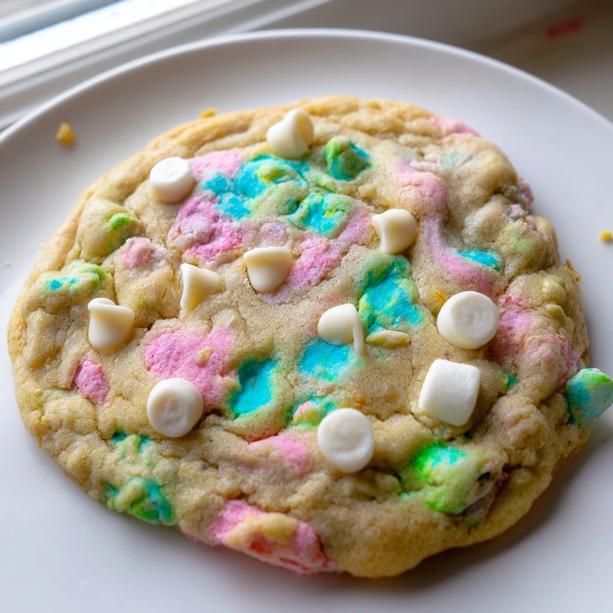 Stack of homemade Lucky Charms cookies showcasing colorful cereal marshmallow bits in the dough