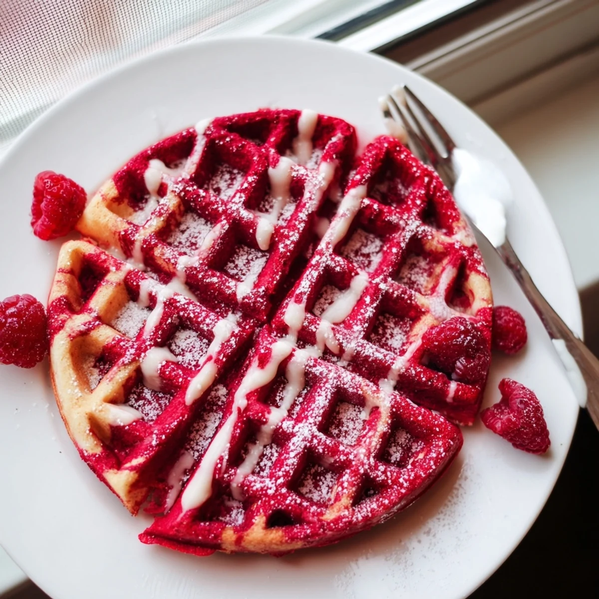 Golden red velvet marble waffles with vanilla swirls stacked on a white plate