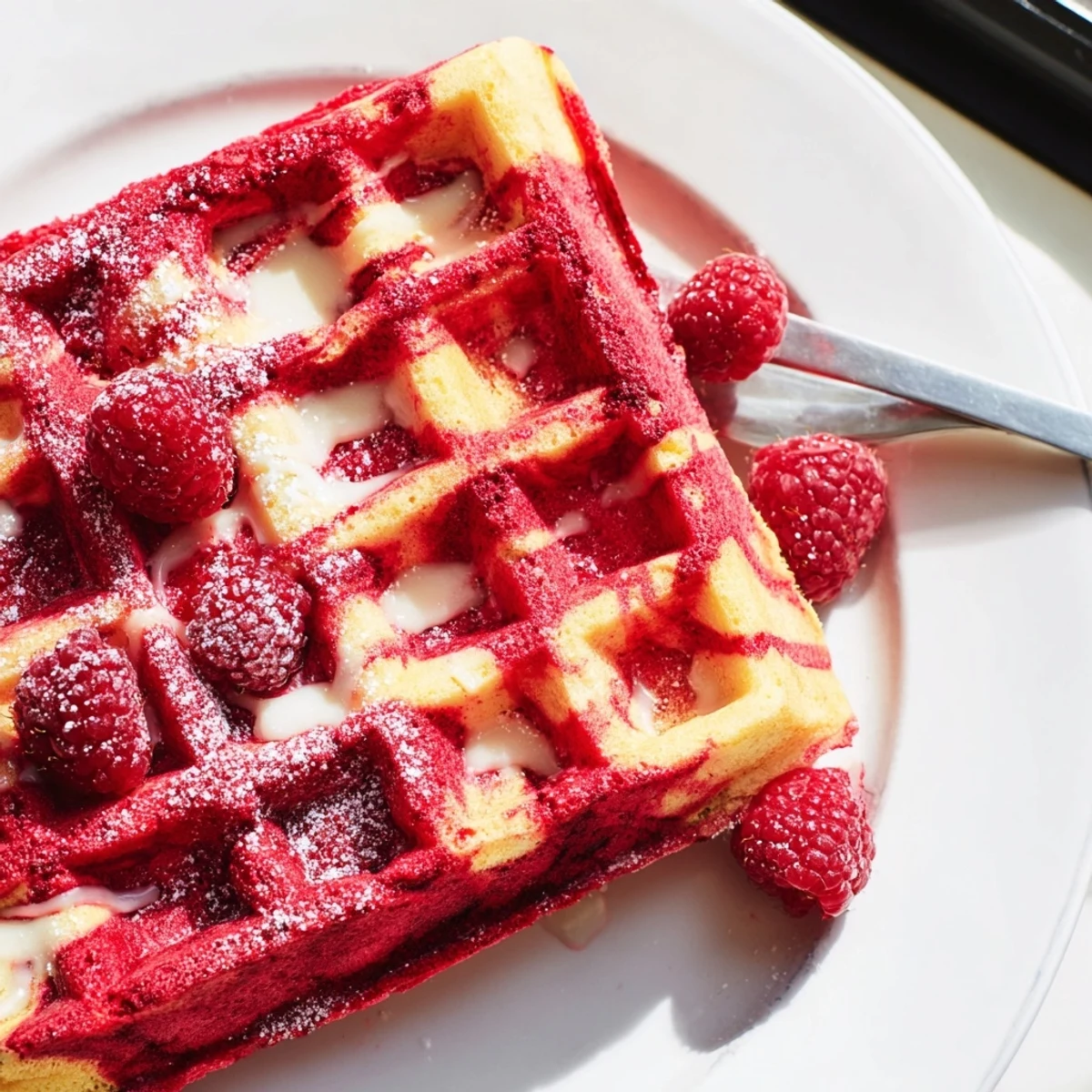 Decadent red velvet marble waffles topped with fresh strawberries and maple syrup