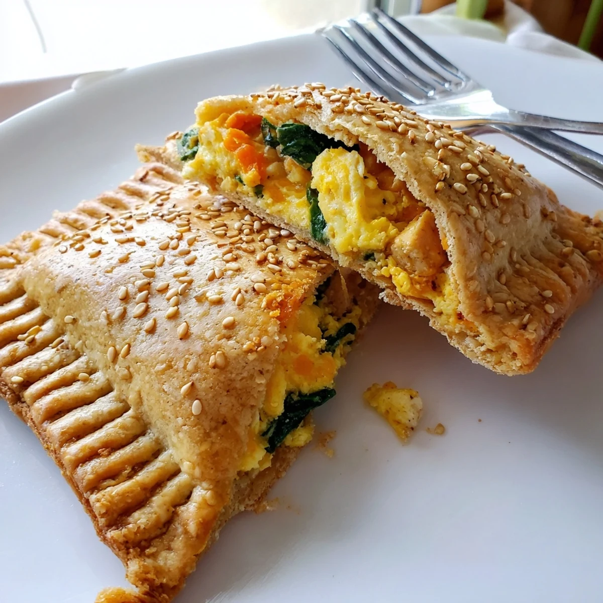 Handheld high protein breakfast hot pockets featuring turkey spinach and melted cheddar in golden baked dough