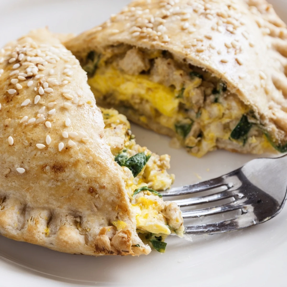 Sliced high protein breakfast hot pockets revealing fluffy scrambled eggs with turkey spinach and cheese inside