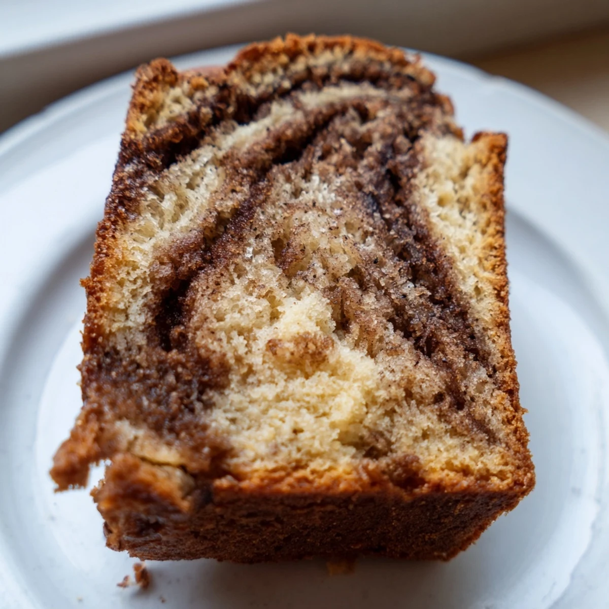 Warm slice of cinnamon sugar swirl banana bread showing golden crust and marbled interior